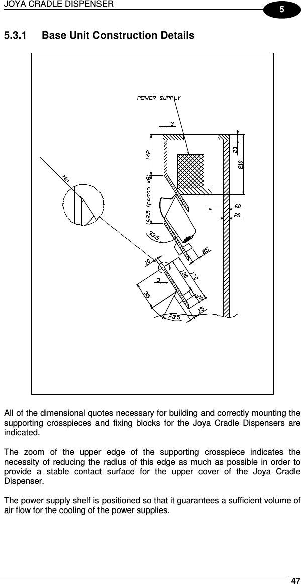 JOYA CRADLE DISPENSER     475 5.3.1  Base Unit Construction Details    All of the dimensional quotes necessary for building and correctly mounting the supporting  crosspieces  and  fixing  blocks  for  the  Joya  Cradle  Dispensers  are indicated.  The  zoom  of  the  upper  edge  of  the  supporting  crosspiece  indicates  the necessity of reducing the  radius of this edge as much as possible in order to provide  a  stable  contact  surface  for  the  upper  cover  of  the  Joya  Cradle Dispenser.  The power supply shelf is positioned so that it guarantees a sufficient volume of air flow for the cooling of the power supplies.  