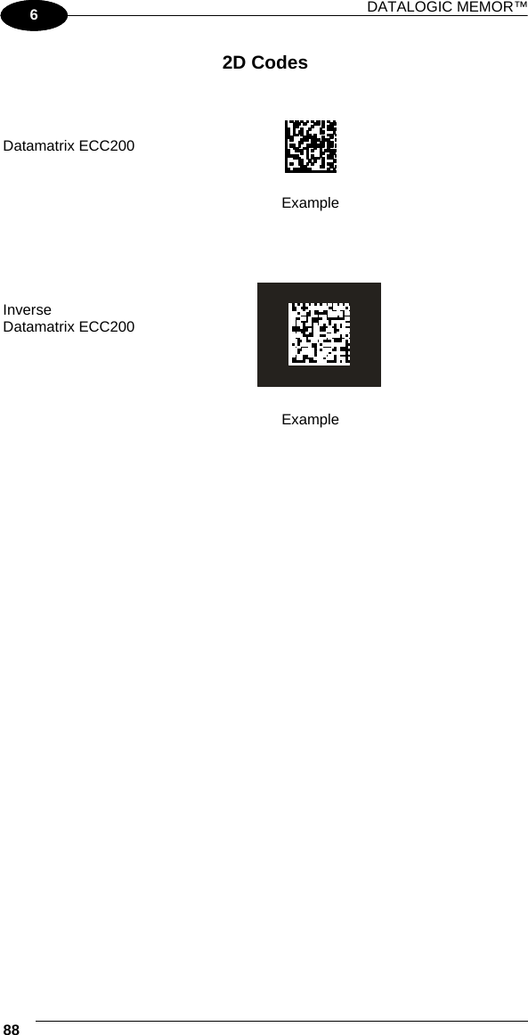 DATALOGIC MEMOR™ 88   1 6 2D Codes        Datamatrix ECC200     Example         Inverse Datamatrix ECC200     Example              