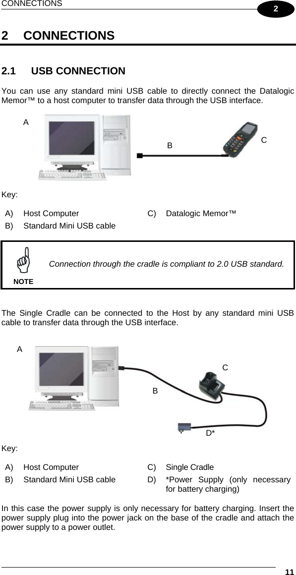 CONNECTIONS  11 2 2 CONNECTIONS   2.1 USB CONNECTION  You can use any standard mini USB cable to directly connect the Datalogic Memor™ to a host computer to transfer data through the USB interface.    Key: A)  Host Computer  C)  Datalogic Memor™ B)  Standard Mini USB cable     NOTE Connection through the cradle is compliant to 2.0 USB standard.   The Single Cradle can be connected to the Host by any standard mini USB cable to transfer data through the USB interface.     Key: A) Host Computer  C) Single Cradle B)  Standard Mini USB cable  D)  *Power Supply (only necessary for battery charging)  In this case the power supply is only necessary for battery charging. Insert the power supply plug into the power jack on the base of the cradle and attach the power supply to a power outlet. ABCBD*CA