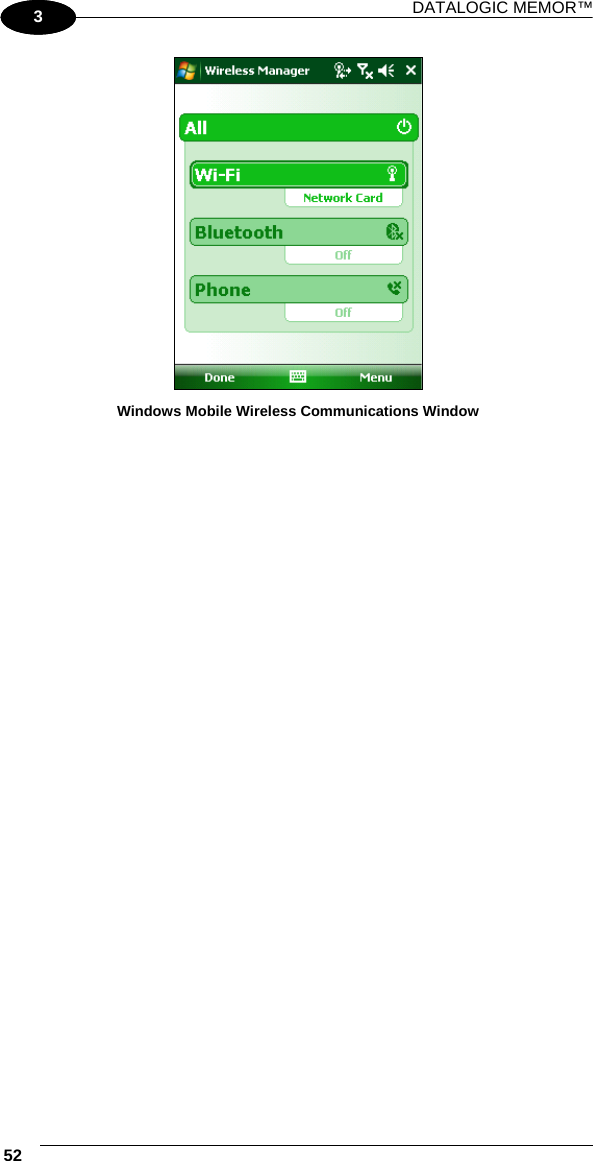 DATALOGIC MEMOR™ 52   1 3  Windows Mobile Wireless Communications Window  