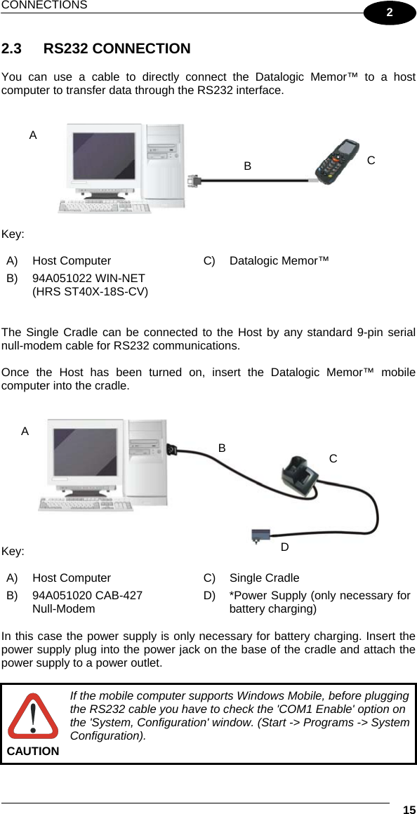 CONNECTIONS  15 2 2.3 RS232 CONNECTION  You can use a cable to directly connect the Datalogic Memor™ to a host computer to transfer data through the RS232 interface.     Key: A)  Host Computer  C)  Datalogic Memor™ B) 94A051022 WIN-NET (HRS ST40X-18S-CV)     The Single Cradle can be connected to the Host by any standard 9-pin serial null-modem cable for RS232 communications.  Once the Host has been turned on, insert the Datalogic Memor™ mobile computer into the cradle.    Key: A)  Host Computer  C)  Single Cradle B) 94A051020 CAB-427 Null-Modem  D)  *Power Supply (only necessary for battery charging)  In this case the power supply is only necessary for battery charging. Insert the power supply plug into the power jack on the base of the cradle and attach the power supply to a power outlet.   CAUTION If the mobile computer supports Windows Mobile, before plugging the RS232 cable you have to check the &apos;COM1 Enable&apos; option on the &apos;System, Configuration&apos; window. (Start -&gt; Programs -&gt; System Configuration).  ABCABCD