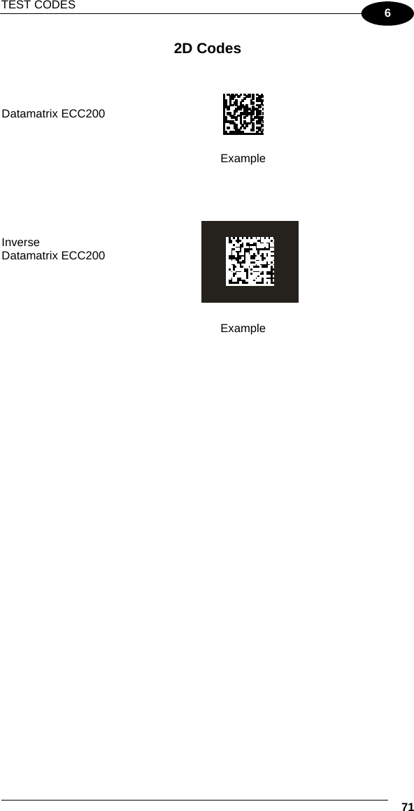 TEST CODES    71 6 2D Codes        Datamatrix ECC200     Example         Inverse Datamatrix ECC200     Example            