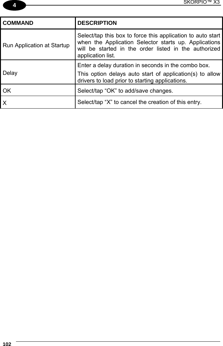 1 SKORPIO™ X3    102 4 COMMAND DESCRIPTION Run Application at Startup Select/tap this box to force this application to auto start when the Application Selector starts up. Applications will be started in the order listed in the authorized application list. Delay Enter a delay duration in seconds in the combo box. This option delays auto start of application(s) to allow drivers to load prior to starting applications. OK  Select/tap “OK” to add/save changes. X  Select/tap “X” to cancel the creation of this entry.  