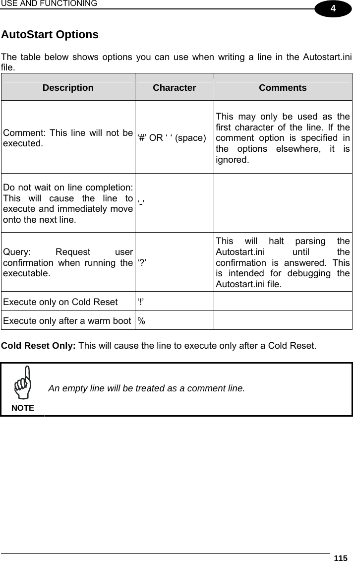 USE AND FUNCTIONING  115  4 AutoStart Options  The table below shows options you can use when writing a line in the Autostart.ini file. Description  Character  Comments Comment: This line will not be executed.  ‘#’ OR ‘ ‘ (space) This may only be used as the first character of the line. If the comment option is specified in the options elsewhere, it is ignored. Do not wait on line completion: This will cause the line to execute and immediately move onto the next line. ‘-’  Query: Request user confirmation when running the executable.  ‘?’ This will halt parsing the Autostart.ini until the confirmation is answered. This is intended for debugging the Autostart.ini file. Execute only on Cold Reset  ‘!’   Execute only after a warm boot %    Cold Reset Only: This will cause the line to execute only after a Cold Reset.   NOTE An empty line will be treated as a comment line.  
