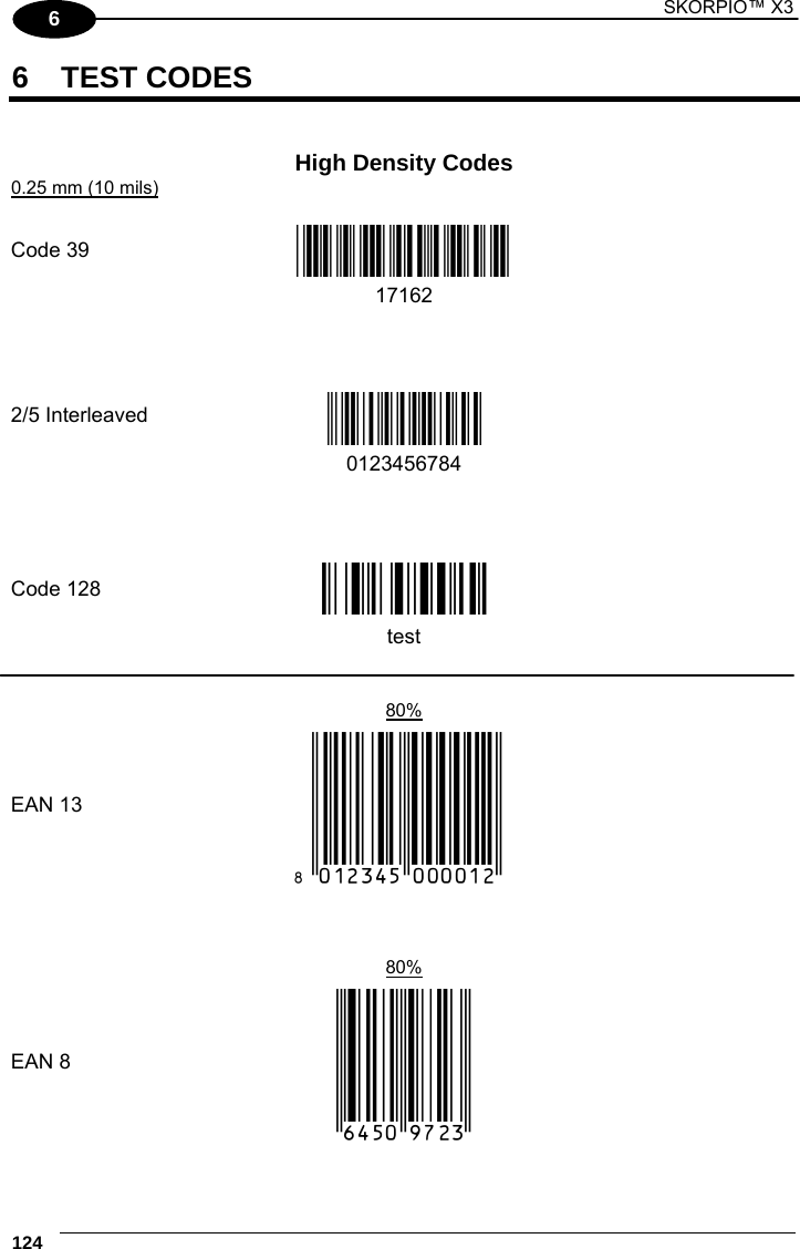 1 SKORPIO™ X3    124 6 6 TEST CODES   High Density Codes 0.25 mm (10 mils)      Code 39 !17162H!  17162           2/5 Interleaved Ë&quot;8NduÌ   0123456784               Code 128 ÌtestwÎ  test          80%  EAN 13  x(0B2DE5*KKKKLM(            80%  EAN 8  (6450*TRMN(     