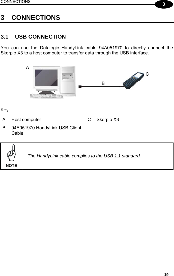 CONNECTIONS  19  3 3 CONNECTIONS   3.1 USB CONNECTION  You can use the Datalogic HandyLink cable 94A051970 to directly connect the Skorpio X3 to a host computer to transfer data through the USB interface.     Key: A  Host computer  C  Skorpio X3  B  94A051970 HandyLink USB Client Cable    NOTE The HandyLink cable complies to the USB 1.1 standard.    ABC