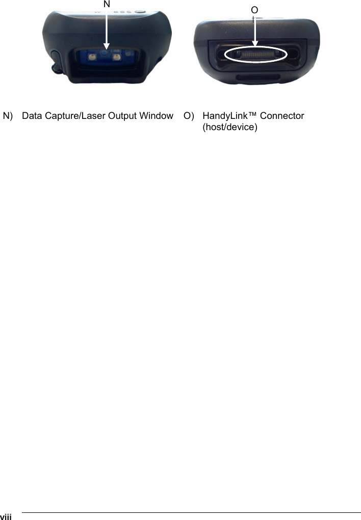 1   viii            N)  Data Capture/Laser Output Window  O)  HandyLink™ Connector (host/device)    N  O