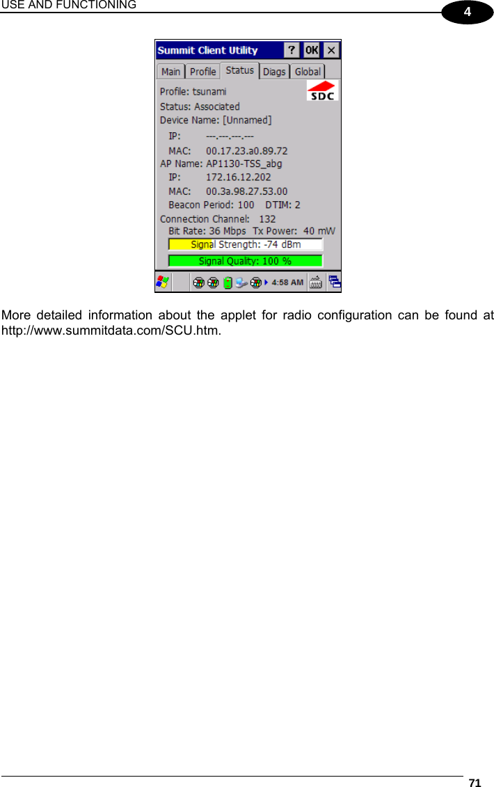 USE AND FUNCTIONING  71  4   More detailed information about the applet for radio configuration can be found at http://www.summitdata.com/SCU.htm. 