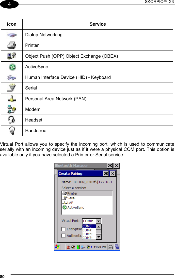 1 SKORPIO™ X3    80 4  Icon Service  Dialup Networking  Printer  Object Push (OPP) Object Exchange (OBEX)  ActiveSync  Human Interface Device (HID) - Keyboard  Serial  Personal Area Network (PAN)  Modem  Headset  Handsfree  Virtual Port allows you to specify the incoming port, which is used to communicate serially with an incoming device just as if it were a physical COM port. This option is available only if you have selected a Printer or Serial service.   