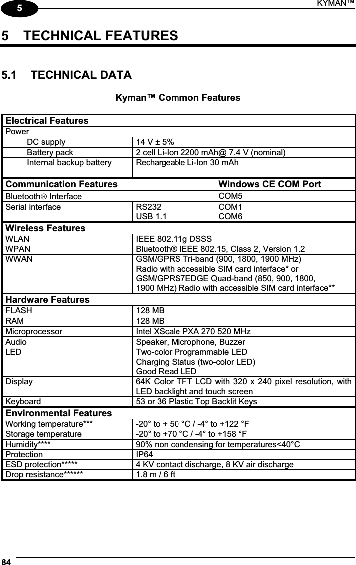 KYMAN™ 8455  TECHNICAL FEATURES 5.1  TECHNICAL DATA Kyman™ Common FeaturesElectrical Features Power  DC supply  14 V ± 5%   Battery pack  2 cell Li-Ion 2200 mAh@ 7.4 V (nominal)   Internal backup battery   Rechargeable Li-Ion 30 mAh Communication Features  Windows CE COM Port Bluetooth£ Interface COM5Serial interface  RS232 USB 1.1 COM1COM6Wireless Features WLAN  IEEE 802.11g DSSS WPAN  Bluetooth® IEEE 802.15, Class 2, Version 1.2 WWAN  GSM/GPRS Tri-band (900, 1800, 1900 MHz) Radio with accessible SIM card interface* or GSM/GPRS7EDGE Quad-band (850, 900, 1800,  1900 MHz) Radio with accessible SIM card interface** Hardware FeaturesFLASH  128 MB RAM  128 MB Microprocessor  Intel XScale PXA 270 520 MHz Audio  Speaker, Microphone, Buzzer LED  Two-color Programmable LED Charging Status (two-color LED) Good Read LED Display  64K Color  TFT LCD with 320 x  240 pixel  resolution, with LED backlight and touch screen Keyboard  53 or 36 Plastic Top Backlit Keys Environmental Features Working temperature***  -20° to + 50 °C / -4° to +122 °F Storage temperature  -20° to +70 °C / -4° to +158 °F Humidity****  90% non condensing for temperatures&lt;40°C Protection  IP64 ESD protection*****  4 KV contact discharge, 8 KV air discharge Drop resistance******  1.8 m / 6 ft 