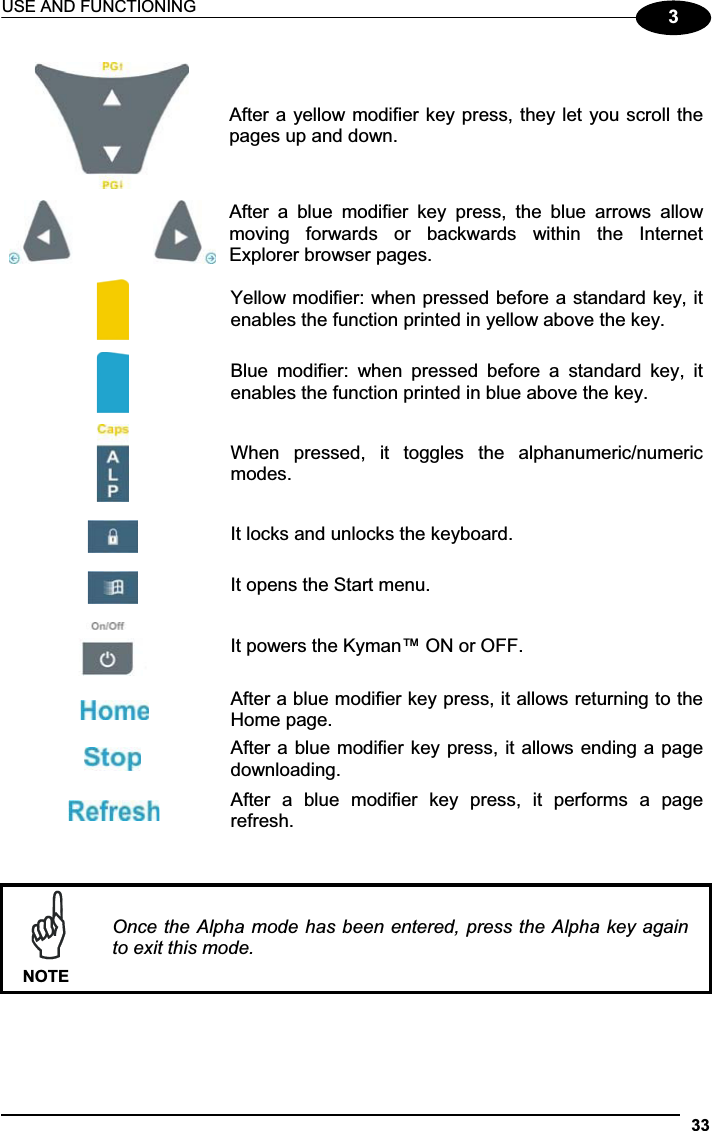 USE AND FUNCTIONING 333After a yellow modifier key press, they let you scroll the pages up and down. After  a  blue  modifier  key  press,  the  blue  arrows  allow moving  forwards  or  backwards  within  the  Internet Explorer browser pages. Yellow modifier: when pressed before a standard key, it enables the function printed in yellow above the key. Blue  modifier:  when  pressed  before  a  standard  key,  it enables the function printed in blue above the key. When  pressed,  it  toggles  the  alphanumeric/numeric modes. It locks and unlocks the keyboard. It opens the Start menu. It powers the Kyman™ ON or OFF. After a blue modifier key press, it allows returning to the Home page. After a blue modifier key press, it allows ending a page downloading. After  a  blue  modifier  key  press,  it  performs  a  page refresh. NOTEOnce the Alpha mode has been entered, press the Alpha key again to exit this mode. 