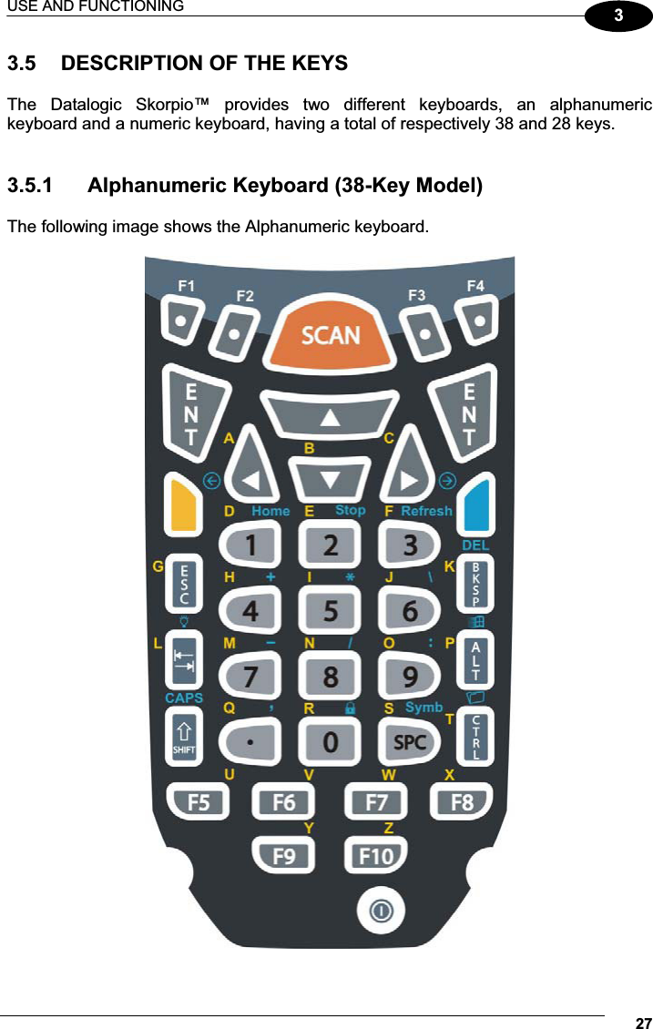 USE AND FUNCTIONING 2733.5  DESCRIPTION OF THE KEYS  The  Datalogic  Skorpio™  provides  two  different  keyboards,  an  alphanumeric keyboard and a numeric keyboard, having a total of respectively 38 and 28 keys.   3.5.1  Alphanumeric Keyboard (38-Key Model)  The following image shows the Alphanumeric keyboard.   