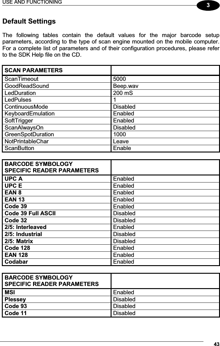 USE AND FUNCTIONING 433Default Settings  The  following  tables  contain  the  default  values  for  the  major  barcode  setup parameters, according to the type of scan engine mounted on the mobile computer. For a complete list of parameters and of their configuration procedures, please refer to the SDK Help file on the CD.  SCAN PARAMETERS   ScanTimeout  5000 GoodReadSound  Beep.wav LedDuration  200 mS LedPulses  1 ContinuousMode  Disabled KeyboardEmulation  Enabled SoftTrigger  Enabled ScanAlwaysOn  Disabled GreenSpotDuration  1000 NotPrintableChar  Leave ScanButton  Enable  BARCODE SYMBOLOGY SPECIFIC READER PARAMETERS UPC A  Enabled UPC E  Enabled EAN 8  Enabled EAN 13  Enabled Code 39  Enabled Code 39 Full ASCII  Disabled Code 32  Disabled 2/5: Interleaved  Enabled 2/5: Industrial  Disabled 2/5: Matrix  Disabled Code 128   Enabled EAN 128   Enabled Codabar  Enabled  BARCODE SYMBOLOGY SPECIFIC READER PARAMETERS MSI Enabled Plessey  Disabled Code 93  Disabled Code 11  Disabled  