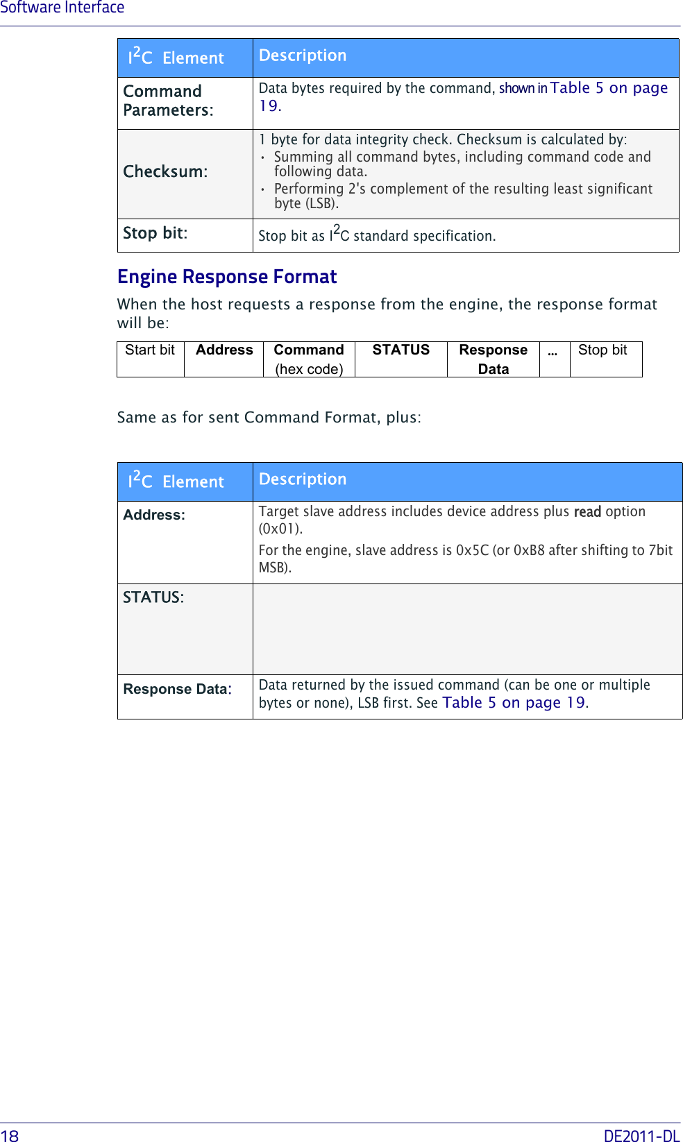 Software Interface18DE2011-DLEngine Response FormatWhen the host requests a response from the engine, the response format will be:Same as for sent Command Format, plus:Target slave address includes device address plus read option (0x01).For the engine, slave address is 0x5C (or 0xB8 after shifting to 7bit MSB). STATUS can be one of the following:- ACK (0x80)- NAK (0x82)- CHECKSUM ERROR (0x84)Data returned by the issued command (can be one or multiple bytes or none), LSB first. See Table 5 on page 19.Command Parameters: Data bytes required by the command, shown in Table 5 on page 19. Checksum:1 byte for data integrity check. Checksum is calculated by:• Summing all command bytes, including command code and following data.• Performing 2&apos;s complement of the resulting least significant byte (LSB).Stop bit:Stop bit as I2C standard specification.Start bit  Address Command (hex code)STATUS Response Data…Stop bit I2C  Element DescriptionAddress: STATUS:Response Data:  I2C  Element Description