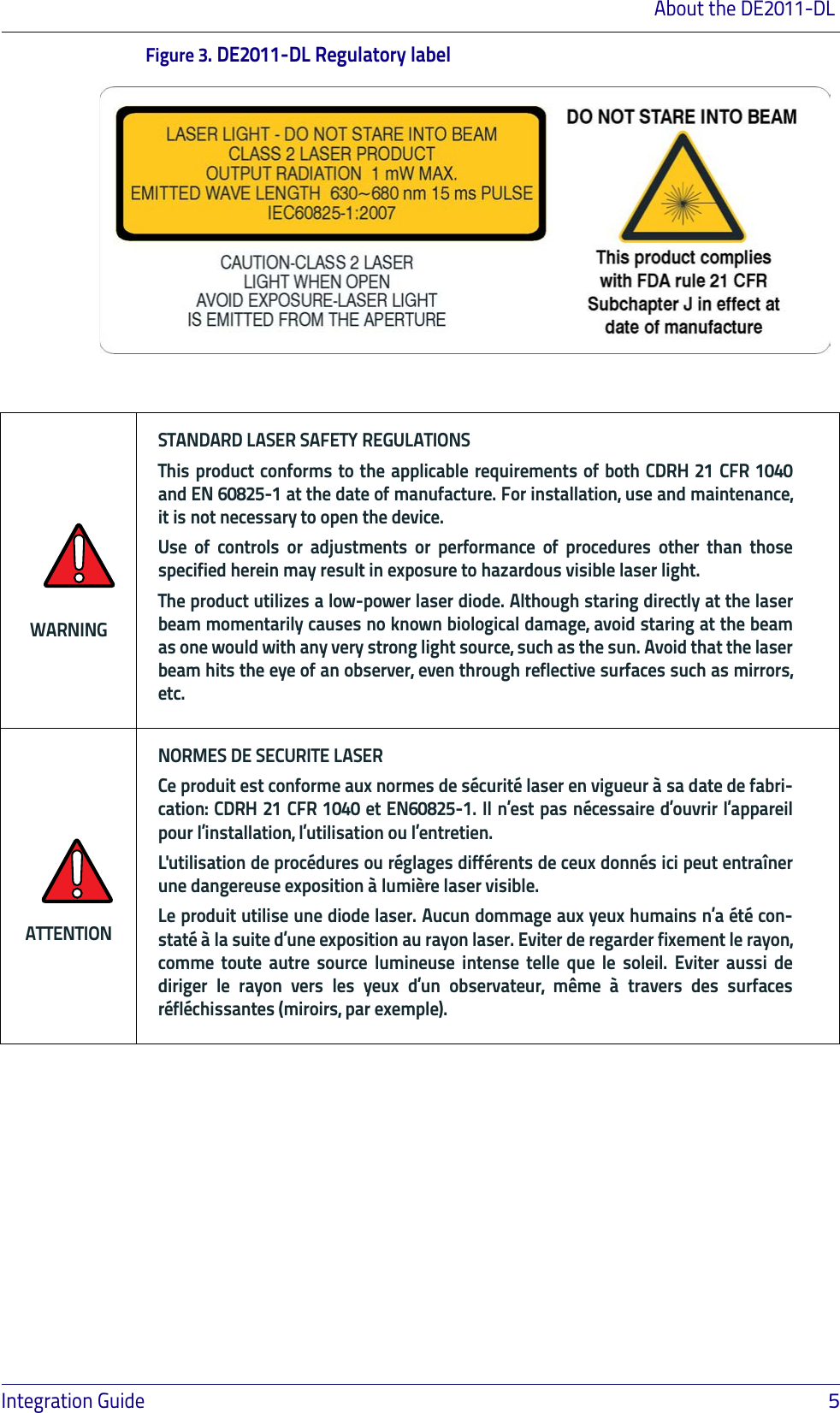 About the DE2011-DL Integration Guide                            5Figure 3. DE2011-DL Regulatory label WARNINGSTANDARD LASER SAFETY REGULATIONSThis product conforms to the applicable requirements of both CDRH 21 CFR 1040 and EN 60825-1 at the date of manufacture. For installation, use and maintenance, it is not necessary to open the device.Use of controls or adjustments or performance of procedures other than those specified herein may result in exposure to hazardous visible laser light.The product utilizes a low-power laser diode. Although staring directly at the laser beam momentarily causes no known biological damage, avoid staring at the beam as one would with any very strong light source, such as the sun. Avoid that the laser beam hits the eye of an observer, even through reflective surfaces such as mirrors, etc.ATTENTIONNORMES DE SECURITE LASERCe produit est conforme aux normes de sécurité laser en vigueur à sa date de fabri-cation: CDRH 21 CFR 1040 et EN60825-1. Il n’est pas nécessaire d’ouvrir l’appareil pour l’installation, l’utilisation ou l’entretien.L&apos;utilisation de procédures ou réglages différents de ceux donnés ici peut entraîner une dangereuse exposition à lumière laser visible.Le produit utilise une diode laser. Aucun dommage aux yeux humains n’a été con-staté à la suite d’une exposition au rayon laser. Eviter de regarder fixement le rayon, comme toute autre source lumineuse intense telle que le soleil. Eviter aussi de diriger le rayon vers les yeux d’un observateur, même à travers des surfaces réfléchissantes (miroirs, par exemple).