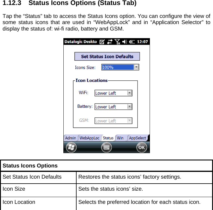 1.12.3  Status Icons Options (Status Tab)  Tap the “Status” tab to access the Status Icons option. You can configure the view of some status icons that are used in “WebAppLock” and in “Application Selector” to display the status of: wi-fi radio, battery and GSM.    Status Icons Options Set Status Icon Defaults  Restores the status icons’ factory settings. Icon Size  Sets the status icons’ size. Icon Location  Selects the preferred location for each status icon.  