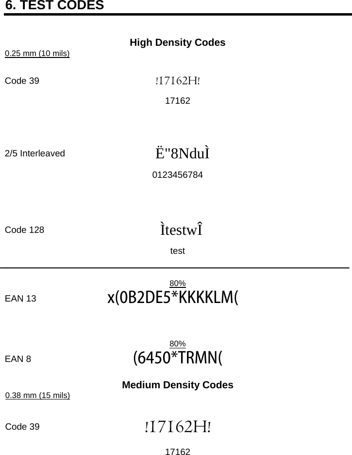   6. TEST CODES   High Density Codes 0.25 mm (10 mils)      Code 39 !17162H!   17162           2/5 Interleaved  Ë&quot;8NduÌ   0123456784               Code 128 ÌtestwÎ   test          80%  EAN 13  x(0B2DE5*KKKKLM(            80%  EAN 8  (6450*TRMN(     Medium Density Codes 0.38 mm (15 mils)      Code 39  !17162H!   17162         