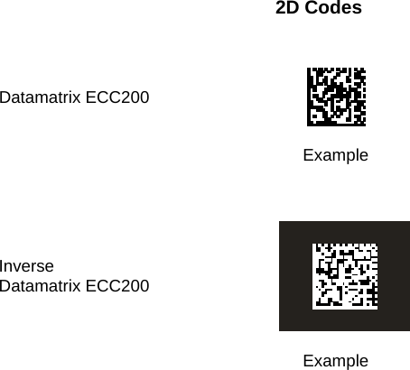   2D Codes       Datamatrix ECC200    Example         Inverse  Datamatrix ECC200     Example           