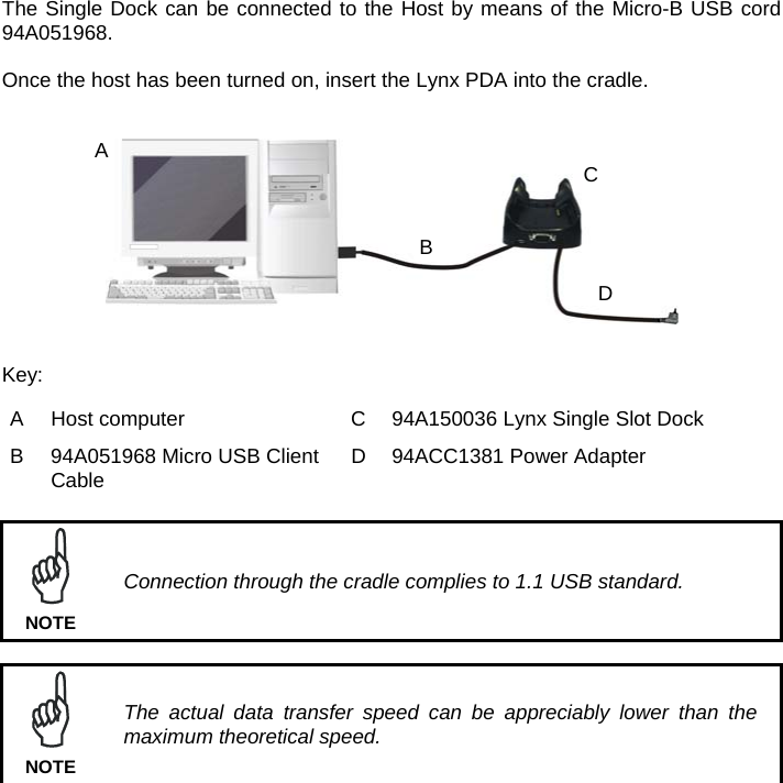 The Single Dock can be connected to the Host by means of the Micro-B USB cord 94A051968.  Once the host has been turned on, insert the Lynx PDA into the cradle.     Key: A  Host computer  C  94A150036 Lynx Single Slot Dock B  94A051968 Micro USB Client Cable  D  94ACC1381 Power Adapter   Connection through the cradle complies to 1.1 USB standard. NOTE   The actual data transfer speed can be appreciably lower than the maximum theoretical speed. NOTE  BDCA