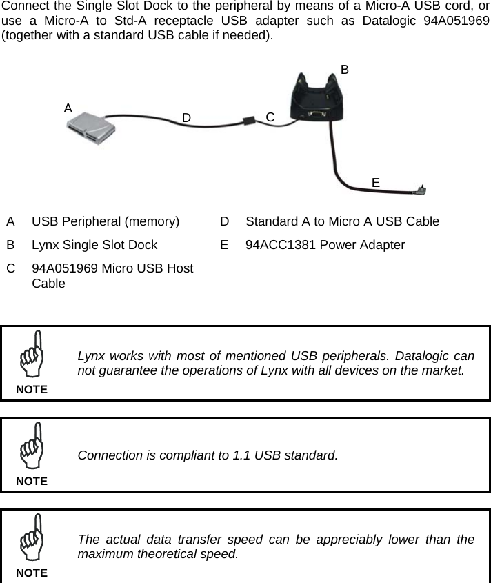 Connect the Single Slot Dock to the peripheral by means of a Micro-A USB cord, or use a Micro-A to Std-A receptacle USB adapter such as Datalogic 94A051969 (together with a standard USB cable if needed).     A  USB Peripheral (memory)  D  Standard A to Micro A USB Cable B  Lynx Single Slot Dock  E  94ACC1381 Power Adapter C  94A051969 Micro USB Host Cable      Lynx works with most of mentioned USB peripherals. Datalogic can not guarantee the operations of Lynx with all devices on the market. NOTE   Connection is compliant to 1.1 USB standard. NOTE   The actual data transfer speed can be appreciably lower than the maximum theoretical speed. NOTE   BDCAE
