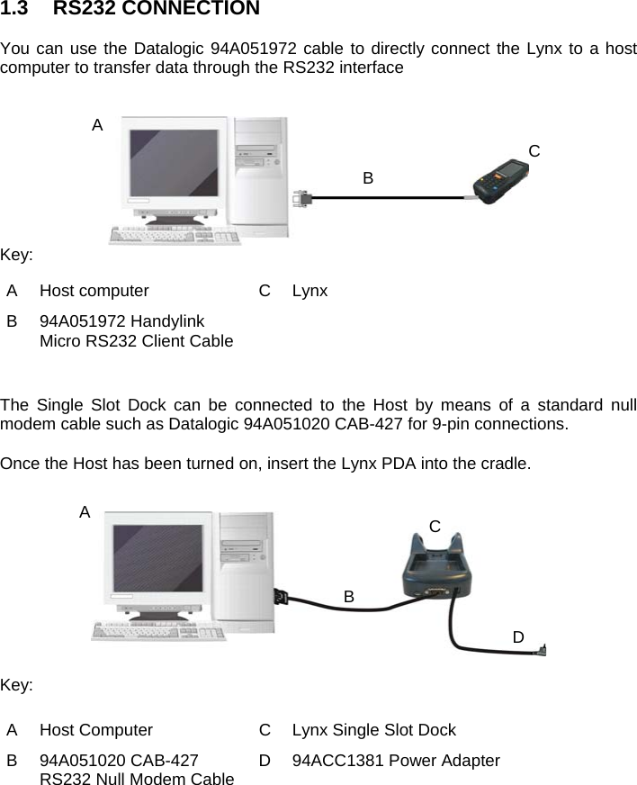 1.3 RS232 CONNECTION  You can use the Datalogic 94A051972 cable to directly connect the Lynx to a host computer to transfer data through the RS232 interface    Key: A Host computer  C Lynx B 94A051972 Handylink Micro RS232 Client Cable     The Single Slot Dock can be connected to the Host by means of a standard null modem cable such as Datalogic 94A051020 CAB-427 for 9-pin connections.  Once the Host has been turned on, insert the Lynx PDA into the cradle.     Key:  A  Host Computer  C  Lynx Single Slot Dock B 94A051020 CAB-427 RS232 Null Modem Cable  D  94ACC1381 Power Adapter  ABCABCD