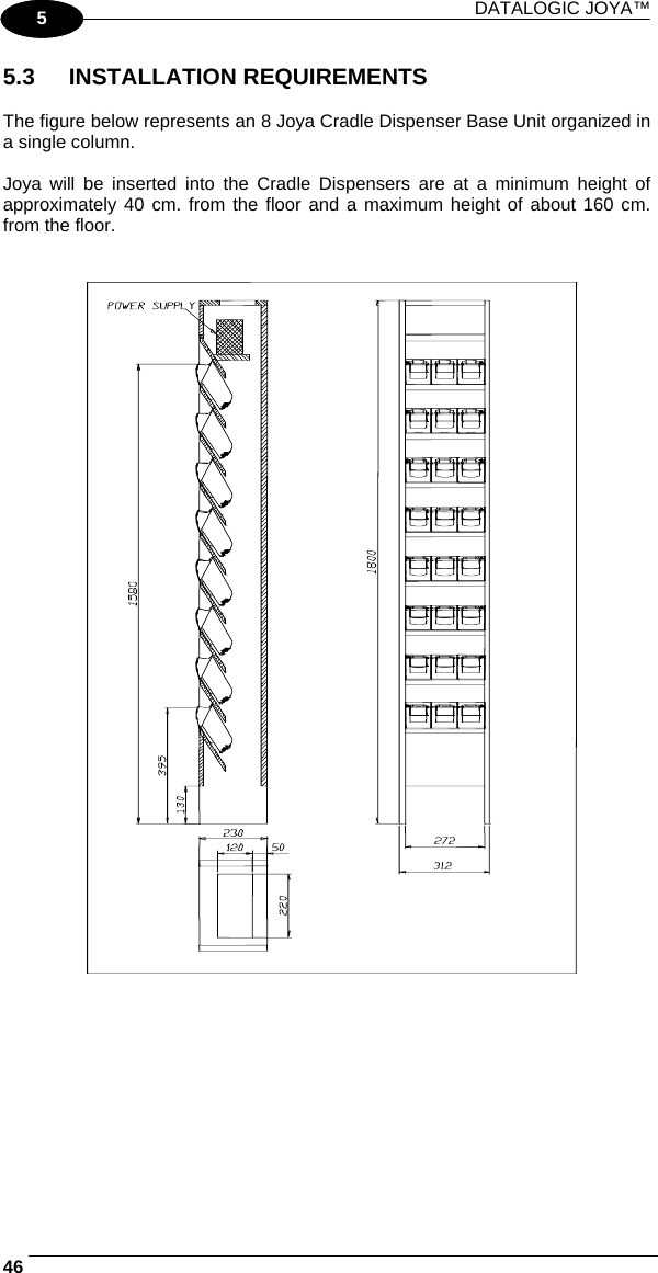 DATALOGIC JOYA™   461 5 5.3 INSTALLATION REQUIREMENTS  The figure below represents an 8 Joya Cradle Dispenser Base Unit organized in a single column.  Joya will be inserted into the Cradle Dispensers are at a minimum height of approximately 40 cm. from the floor and a maximum height of about 160 cm. from the floor.     