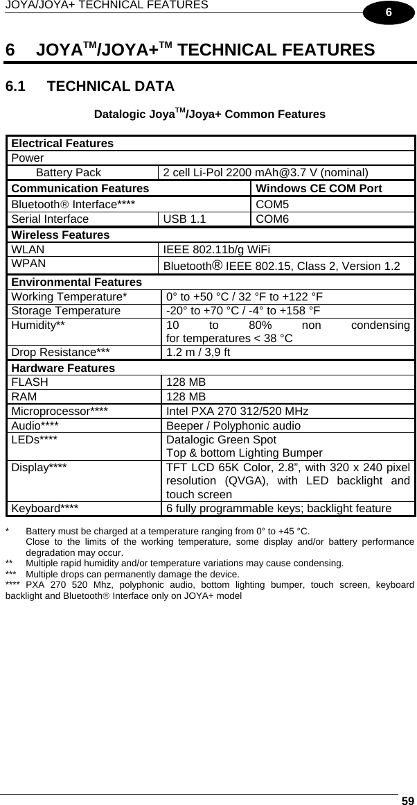 JOYA/JOYA+ TECHNICAL FEATURES     596 6 JOYATM/JOYA+TM TECHNICAL FEATURES  6.1 TECHNICAL DATA  Datalogic JoyaTM/Joya+ Common Features  Electrical Features Power    Battery Pack  2 cell Li-Pol 2200 mAh@3.7 V (nominal) Communication Features  Windows CE COM Port Bluetooth® Interface****  COM5 Serial Interface  USB 1.1  COM6 Wireless Features WLAN  IEEE 802.11b/g WiFi WPAN  Bluetooth® IEEE 802.15, Class 2, Version 1.2 Environmental Features Working Temperature*  0° to +50 °C / 32 °F to +122 °F Storage Temperature  -20° to +70 °C / -4° to +158 °F Humidity**  10 to 80% non condensing for temperatures &lt; 38 °C Drop Resistance***  1.2 m / 3,9 ft  Hardware Features FLASH 128 MB RAM 128 MB Microprocessor****  Intel PXA 270 312/520 MHz Audio****  Beeper / Polyphonic audio LEDs****  Datalogic Green Spot Top &amp; bottom Lighting Bumper Display****  TFT LCD 65K Color, 2.8”, with 320 x 240 pixel resolution (QVGA), with LED backlight and touch screen Keyboard****  6 fully programmable keys; backlight feature *  Battery must be charged at a temperature ranging from 0° to +45 °C. Close to the limits of the working temperature, some display and/or battery performance degradation may occur. **  Multiple rapid humidity and/or temperature variations may cause condensing. ***  Multiple drops can permanently damage the device. **** PXA 270 520 Mhz, polyphonic audio, bottom lighting bumper, touch screen, keyboard backlight and Bluetooth® Interface only on JOYA+ model 