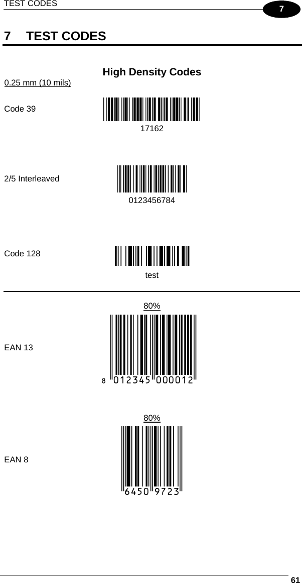 TEST CODES     617 7 TEST CODES   High Density Codes 0.25 mm (10 mils)      Code 39 !17162H!  17162           2/5 Interleaved Ë&quot;8NduÌ   0123456784               Code 128 ÌtestwÎ  test          80%  EAN 13  x(0B2DE5*KKKKLM(            80%  EAN 8  (6450*TRMN(      