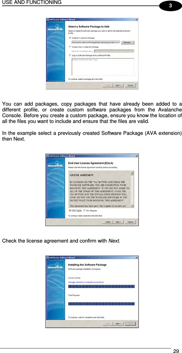 USE AND FUNCTIONING  29  3    You  can  add  packages,  copy  packages  that  have  already  been  added  to  a different  profile,  or  create  custom  software  packages  from  the  Avalanche Console. Before you create a custom package, ensure you know the location of all the files you want to include and ensure that the files are valid.  In the example select a previously created Software Package (AVA extension) then Next.      Check the license agreement and confirm with Next.    