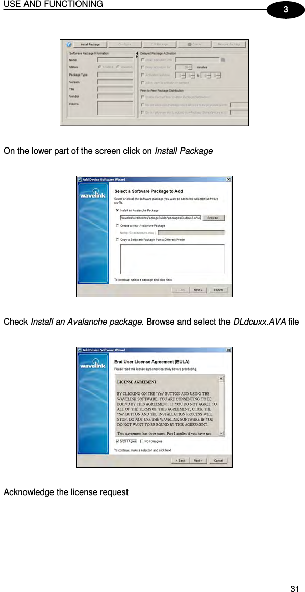USE AND FUNCTIONING  31  3     On the lower part of the screen click on Install Package      Check Install an Avalanche package. Browse and select the DLdcuxx.AVA file      Acknowledge the license request  