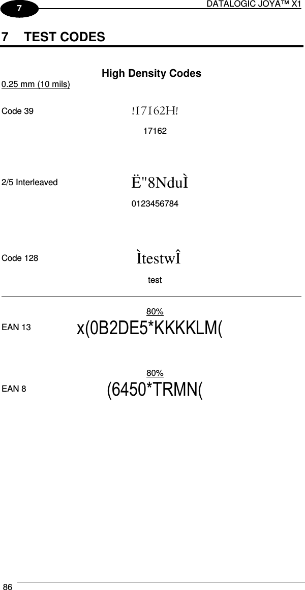 DATALOGIC JOYA™ X1 86    1 7 7  TEST CODES   High Density Codes 0.25 mm (10 mils)       Code 39 !17162H!    17162                  2/5 Interleaved  Ë&quot;8NduÌ   0123456784                  Code 128 ÌtestwÎ   test             80%  EAN 13  x(0B2DE5*KKKKLM(             80%  EAN 8  (6450*TRMN(        