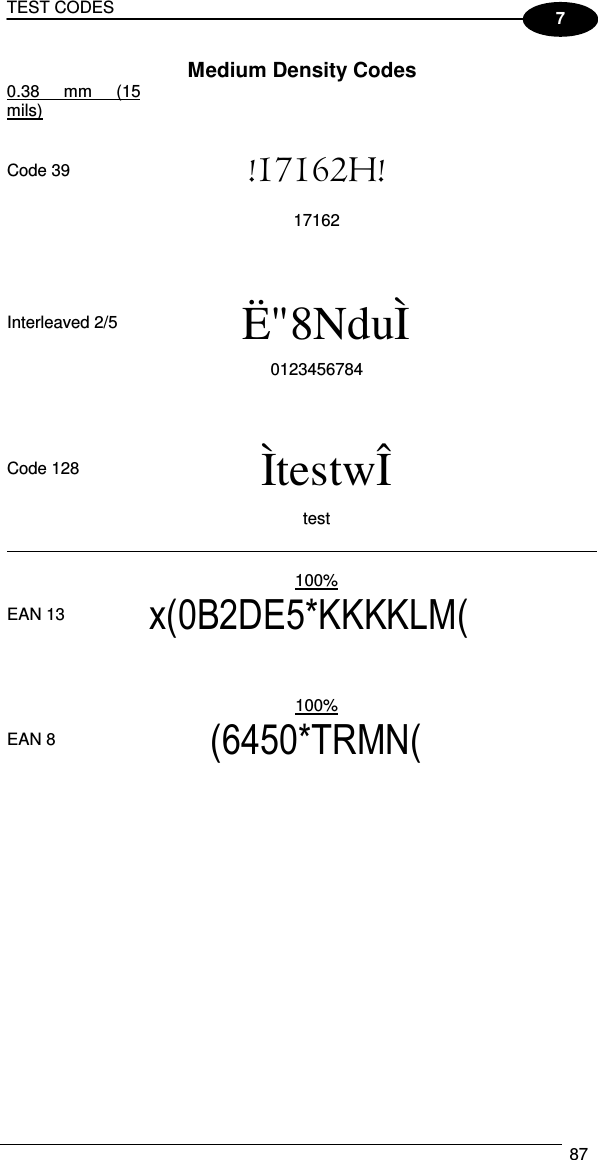 TEST CODES  87  7 Medium Density Codes 0.38  mm (15 mils)        Code 39  !17162H!   17162                  Interleaved 2/5  Ë&quot;8NduÌ   0123456784                  Code 128  ÌtestwÎ   test               100%   EAN 13  x(0B2DE5*KKKKLM(                   100%   EAN 8  (6450*TRMN(     