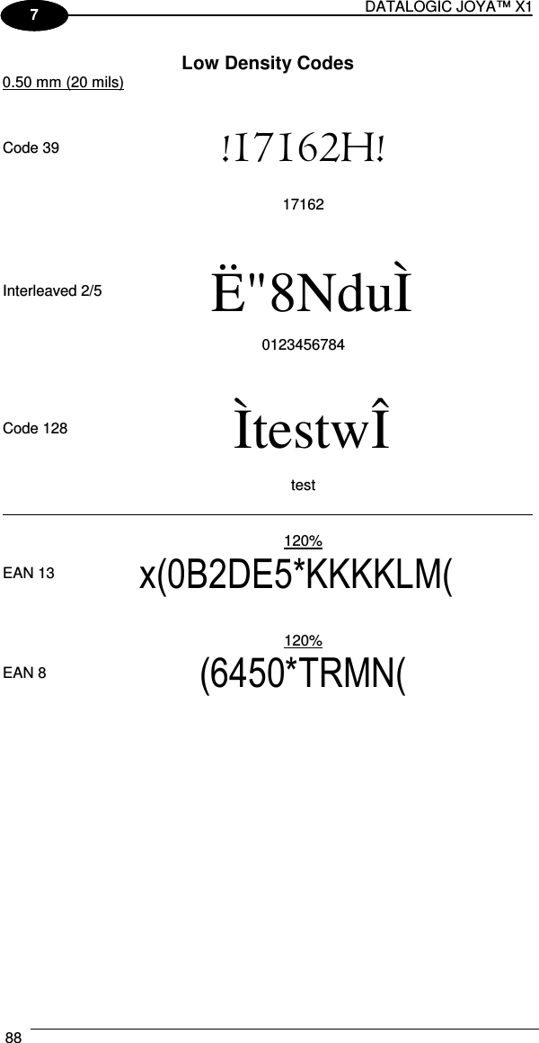 DATALOGIC JOYA™ X1 88    1 7 Low Density Codes 0.50 mm (20 mils)        Code 39  !17162H!   17162             Interleaved 2/5  Ë&quot;8NduÌ    0123456784             Code 128  ÌtestwÎ   test               120%   EAN 13  x(0B2DE5*KKKKLM(               120%   EAN 8  (6450*TRMN(   