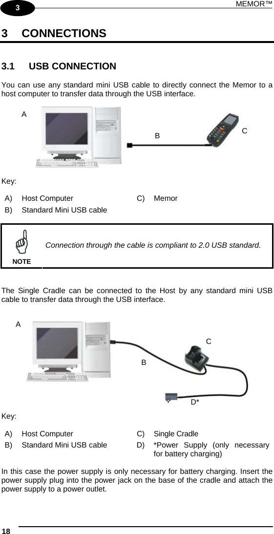 MEMOR™ 18   1 3 3 CONNECTIONS   3.1 USB CONNECTION  You can use any standard mini USB cable to directly connect the Memor to a host computer to transfer data through the USB interface.    Key: A) Host Computer  C) Memor B)  Standard Mini USB cable     NOTE Connection through the cable is compliant to 2.0 USB standard.   The Single Cradle can be connected to the Host by any standard mini USB cable to transfer data through the USB interface.     Key: A) Host Computer  C) Single Cradle B)  Standard Mini USB cable  D)  *Power  Supply  (only  necessary for battery charging)  In this case the power supply is only necessary for battery charging. Insert the power supply plug into the power jack on the base of the cradle and attach the power supply to a power outlet. A BCBD*CA 