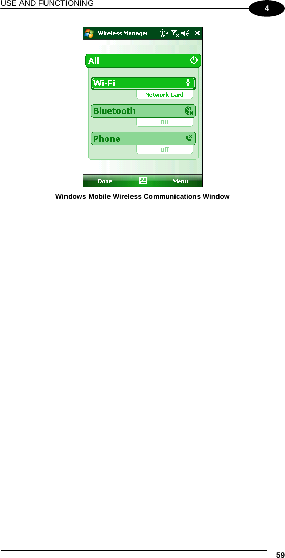 USE AND FUNCTIONING 59 4  Windows Mobile Wireless Communications Window  