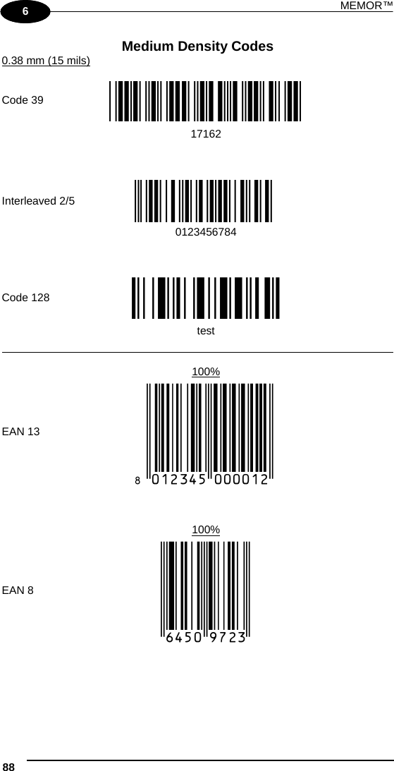 MEMOR™ 88   1 6 Medium Density Codes 0.38 mm (15 mils)       Code 39 !17162H!  17162            Interleaved 2/5 Ë&quot;8NduÌ  0123456784            Code 128 ÌtestwÎ  test          100%  EAN 13  x(0B2DE5*KKKKLM(            100%  EAN 8  (6450*TRMN(     