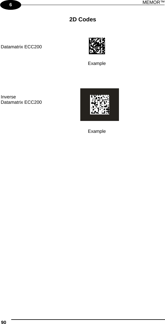 MEMOR™ 90   1 6 2D Codes        Datamatrix ECC200     Example         Inverse Datamatrix ECC200     Example            