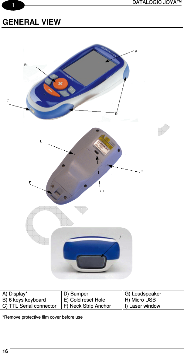 DATALOGIC JOYA™   16 1 1 GENERAL VIEW            A) Display*    D) Bumper  G) Loudspeaker B) 6 keys keyboard  E) Cold reset Hole  H) Micro USB C) TTL Serial connector  F) Neck Strip Anchor  I) Laser window  *Remove protective film cover before use 