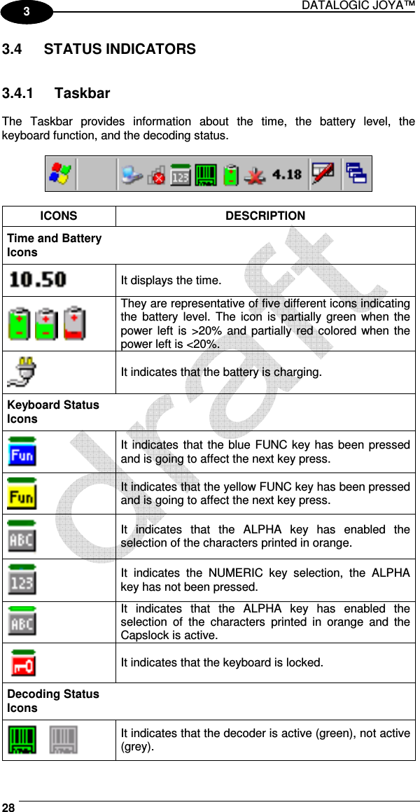 DATALOGIC JOYA™   28 1 3 3.4  STATUS INDICATORS   3.4.1  Taskbar  The  Taskbar  provides  information  about  the  time,  the  battery  level,  the keyboard function, and the decoding status.    ICONS  DESCRIPTION Time and Battery Icons    It displays the time.       They are representative of five different icons indicating the  battery  level.  The icon  is  partially  green when  the power  left  is  &gt;20% and partially  red  colored when the power left is &lt;20%.  It indicates that the battery is charging. Keyboard Status Icons   It indicates that the blue FUNC key has been pressed and is going to affect the next key press.  It indicates that the yellow FUNC key has been pressed and is going to affect the next key press.  It  indicates  that  the  ALPHA  key  has  enabled  the selection of the characters printed in orange.  It  indicates  the  NUMERIC  key  selection,  the  ALPHA key has not been pressed.  It  indicates  that  the  ALPHA  key  has  enabled  the selection  of  the  characters  printed  in  orange  and  the Capslock is active.  It indicates that the keyboard is locked. Decoding Status Icons     It indicates that the decoder is active (green), not active (grey). 