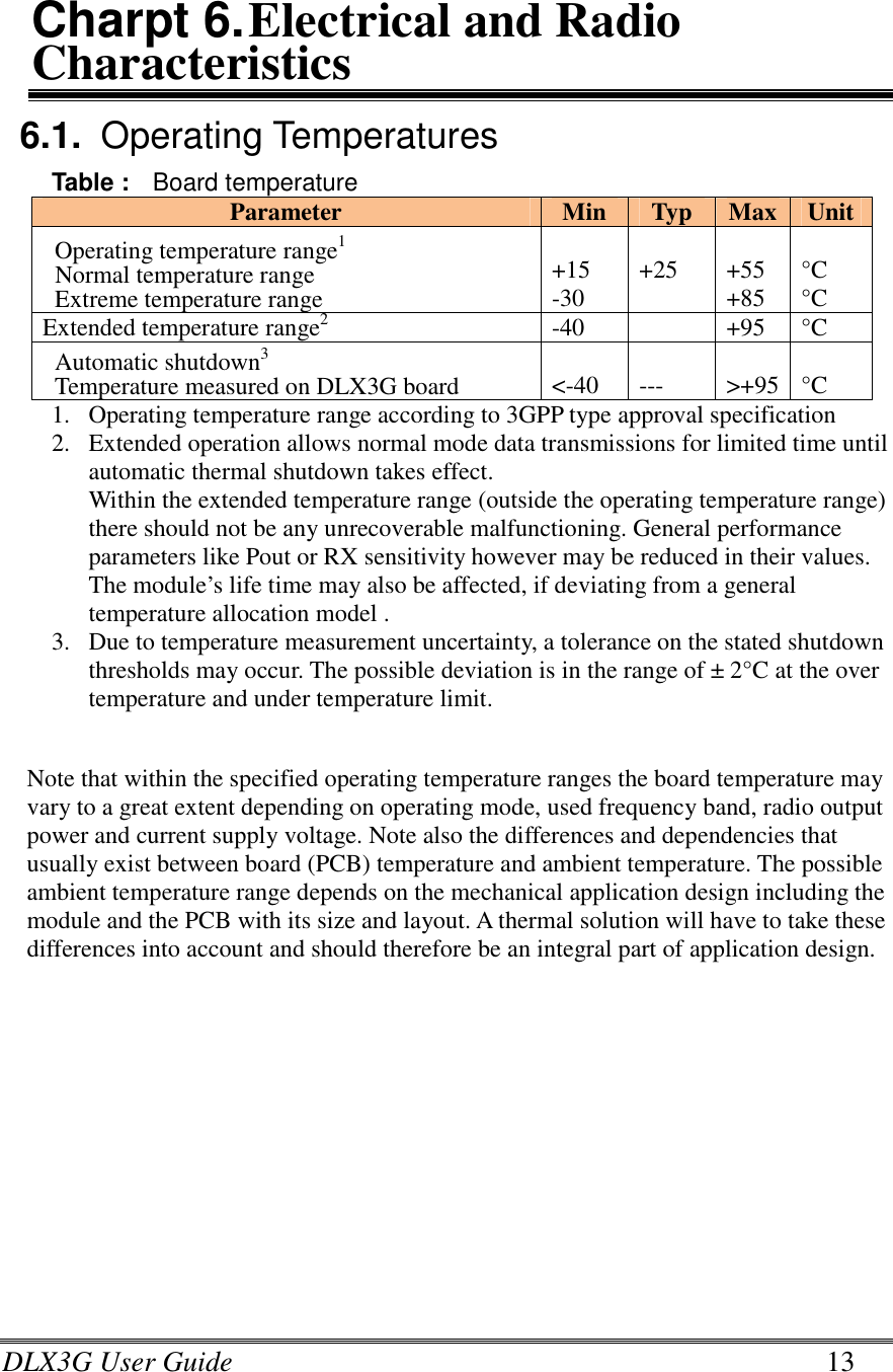 DLX3G User Guide      13 Charpt 6. Electrical and Radio Characteristics 6.1.  Operating Temperatures  Table :    Board temperature Parameter Min Typ Max Unit Operating temperature range1 Normal temperature range Extreme temperature range  +15 -30  +25   +55 +85  °C °C Extended temperature range2  -40    +95  °C Automatic shutdown3 Temperature measured on DLX3G board  &lt;-40   ---   &gt;+95  °C 1. Operating temperature range according to 3GPP type approval specification 2. Extended operation allows normal mode data transmissions for limited time until automatic thermal shutdown takes effect. Within the extended temperature range (outside the operating temperature range) there should not be any unrecoverable malfunctioning. General performance parameters like Pout or RX sensitivity however may be reduced in their values. The module’s life time may also be affected, if deviating from a general temperature allocation model . 3. Due to temperature measurement uncertainty, a tolerance on the stated shutdown thresholds may occur. The possible deviation is in the range of ± 2°C at the over temperature and under temperature limit.   Note that within the specified operating temperature ranges the board temperature may vary to a great extent depending on operating mode, used frequency band, radio output power and current supply voltage. Note also the differences and dependencies that usually exist between board (PCB) temperature and ambient temperature. The possible ambient temperature range depends on the mechanical application design including the module and the PCB with its size and layout. A thermal solution will have to take these differences into account and should therefore be an integral part of application design.  