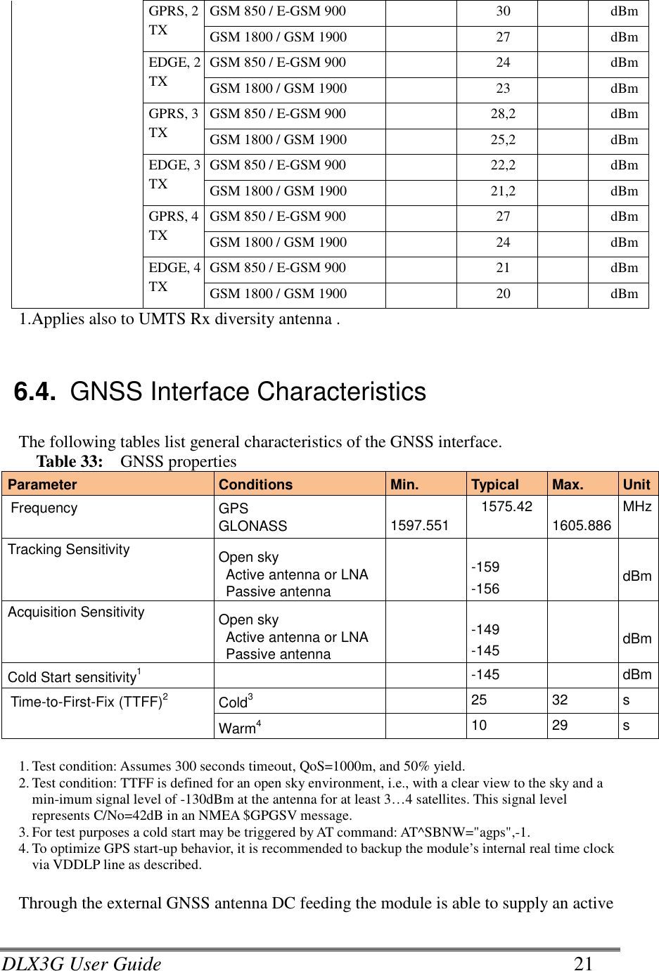 DLX3G User Guide      21 GPRS, 2 TX   GSM 850 / E-GSM 900   30   dBm GSM 1800 / GSM 1900   27   dBm EDGE, 2 TX GSM 850 / E-GSM 900   24   dBm GSM 1800 / GSM 1900   23   dBm GPRS, 3 TX   GSM 850 / E-GSM 900   28,2   dBm GSM 1800 / GSM 1900   25,2   dBm EDGE, 3 TX GSM 850 / E-GSM 900   22,2   dBm GSM 1800 / GSM 1900   21,2   dBm GPRS, 4 TX   GSM 850 / E-GSM 900   27   dBm GSM 1800 / GSM 1900   24   dBm EDGE, 4 TX GSM 850 / E-GSM 900   21   dBm GSM 1800 / GSM 1900   20   dBm 1.Applies also to UMTS Rx diversity antenna .   6.4.  GNSS Interface Characteristics  The following tables list general characteristics of the GNSS interface.  Table 33:    GNSS properties Parameter Conditions Min. Typical Max. Unit Frequency GPS 1597.551 1575.42 1605.886 MHz GLONASS Tracking Sensitivity Open sky Active antenna or LNA Passive antenna  -159   dBm -156 Acquisition Sensitivity Open sky Active antenna or LNA Passive antenna  -149  dBm -145 Cold Start sensitivity1    -145  dBm Time-to-First-Fix (TTFF)2 Cold3  25 32 s Warm4  10 29 s  1. Test condition: Assumes 300 seconds timeout, QoS=1000m, and 50% yield. 2. Test condition: TTFF is defined for an open sky environment, i.e., with a clear view to the sky and a min-imum signal level of -130dBm at the antenna for at least 3…4 satellites. This signal level represents C/No=42dB in an NMEA $GPGSV message. 3. For test purposes a cold start may be triggered by AT command: AT^SBNW=&quot;agps&quot;,-1. 4. To optimize GPS start-up behavior, it is recommended to backup the module’s internal real time clock via VDDLP line as described.  Through the external GNSS antenna DC feeding the module is able to supply an active 