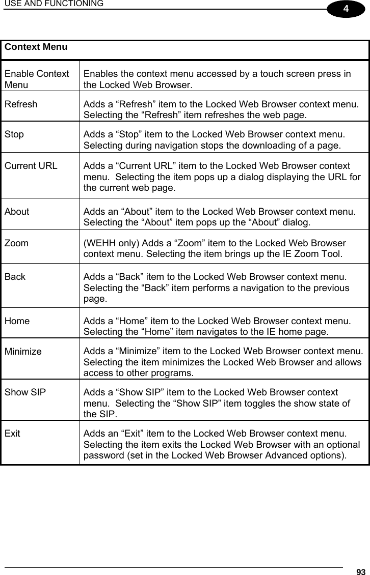 USE AND FUNCTIONING     93 4  Context Menu Enable Context Menu Enables the context menu accessed by a touch screen press in the Locked Web Browser. Refresh  Adds a “Refresh” item to the Locked Web Browser context menu.  Selecting the “Refresh” item refreshes the web page. Stop  Adds a “Stop” item to the Locked Web Browser context menu.  Selecting during navigation stops the downloading of a page. Current URL  Adds a “Current URL” item to the Locked Web Browser context menu.  Selecting the item pops up a dialog displaying the URL for the current web page. About  Adds an “About” item to the Locked Web Browser context menu. Selecting the “About” item pops up the “About” dialog.  Zoom  (WEHH only) Adds a “Zoom” item to the Locked Web Browser context menu. Selecting the item brings up the IE Zoom Tool. Back  Adds a “Back” item to the Locked Web Browser context menu.  Selecting the “Back” item performs a navigation to the previous page. Home  Adds a “Home” item to the Locked Web Browser context menu.  Selecting the “Home” item navigates to the IE home page. Minimize  Adds a “Minimize” item to the Locked Web Browser context menu.  Selecting the item minimizes the Locked Web Browser and allows access to other programs. Show SIP  Adds a “Show SIP” item to the Locked Web Browser context menu.  Selecting the “Show SIP” item toggles the show state of the SIP. Exit  Adds an “Exit” item to the Locked Web Browser context menu.  Selecting the item exits the Locked Web Browser with an optional  password (set in the Locked Web Browser Advanced options).  