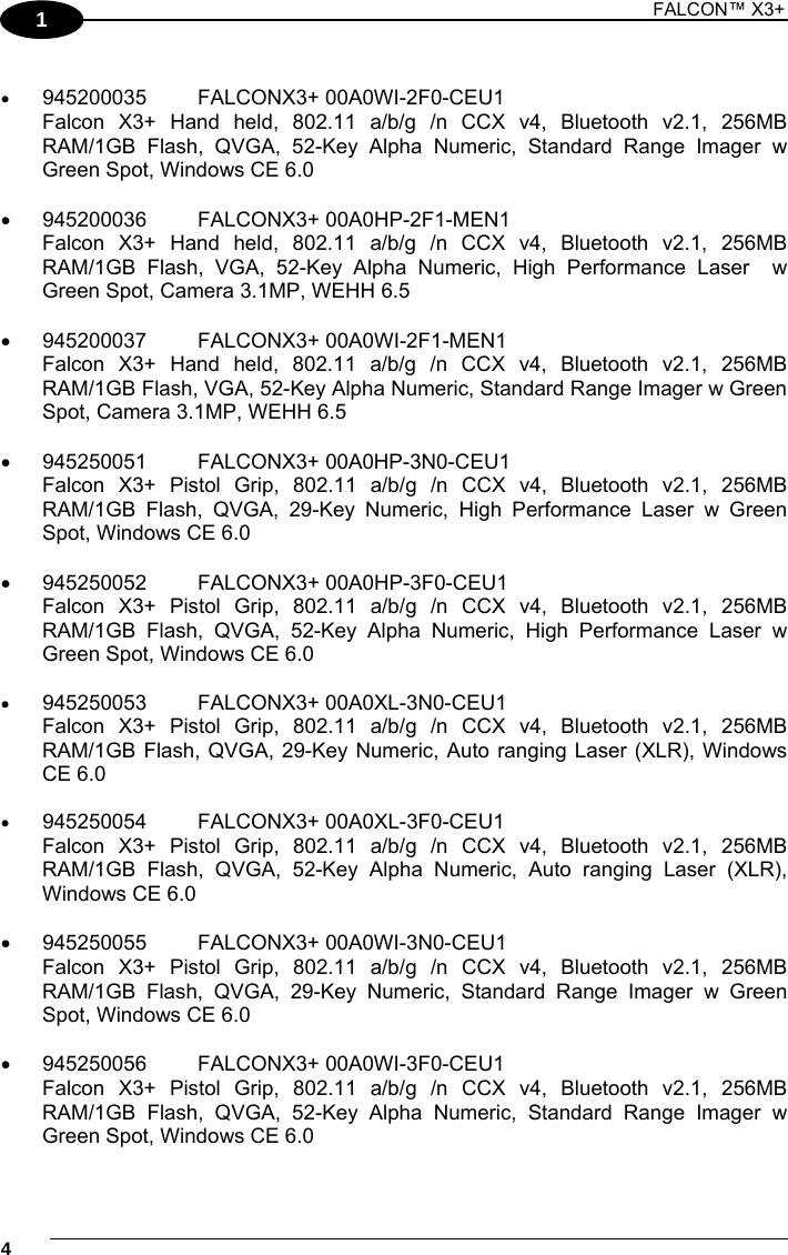 1 FALCON™ X3+    41   945200035 FALCONX3+ 00A0WI-2F0-CEU1 Falcon X3+ Hand held, 802.11 a/b/g /n CCX v4, Bluetooth v2.1, 256MB RAM/1GB Flash, QVGA, 52-Key Alpha Numeric, Standard Range Imager w Green Spot, Windows CE 6.0   945200036  FALCONX3+ 00A0HP-2F1-MEN1 Falcon X3+ Hand held, 802.11 a/b/g /n CCX v4, Bluetooth v2.1, 256MB RAM/1GB Flash, VGA, 52-Key Alpha Numeric, High Performance Laser  w Green Spot, Camera 3.1MP, WEHH 6.5   945200037  FALCONX3+ 00A0WI-2F1-MEN1 Falcon X3+ Hand held, 802.11 a/b/g /n CCX v4, Bluetooth v2.1, 256MB RAM/1GB Flash, VGA, 52-Key Alpha Numeric, Standard Range Imager w Green Spot, Camera 3.1MP, WEHH 6.5    945250051  FALCONX3+ 00A0HP-3N0-CEU1 Falcon X3+ Pistol Grip, 802.11 a/b/g /n CCX v4, Bluetooth v2.1, 256MB RAM/1GB Flash, QVGA, 29-Key Numeric, High Performance Laser w Green Spot, Windows CE 6.0   945250052  FALCONX3+ 00A0HP-3F0-CEU1    Falcon X3+ Pistol Grip, 802.11 a/b/g /n CCX v4, Bluetooth v2.1, 256MB RAM/1GB Flash, QVGA, 52-Key Alpha Numeric, High Performance Laser w Green Spot, Windows CE 6.0   945250053 FALCONX3+ 00A0XL-3N0-CEU1 Falcon X3+ Pistol Grip, 802.11 a/b/g /n CCX v4, Bluetooth v2.1, 256MB RAM/1GB Flash, QVGA, 29-Key Numeric, Auto ranging Laser (XLR), Windows CE 6.0   945250054 FALCONX3+ 00A0XL-3F0-CEU1 Falcon X3+ Pistol Grip, 802.11 a/b/g /n CCX v4, Bluetooth v2.1, 256MB RAM/1GB Flash, QVGA, 52-Key Alpha Numeric, Auto ranging Laser (XLR), Windows CE 6.0   945250055  FALCONX3+ 00A0WI-3N0-CEU1 Falcon X3+ Pistol Grip, 802.11 a/b/g /n CCX v4, Bluetooth v2.1, 256MB RAM/1GB Flash, QVGA, 29-Key Numeric, Standard Range Imager w Green Spot, Windows CE 6.0   945250056  FALCONX3+ 00A0WI-3F0-CEU1  Falcon X3+ Pistol Grip, 802.11 a/b/g /n CCX v4, Bluetooth v2.1, 256MB RAM/1GB Flash, QVGA, 52-Key Alpha Numeric, Standard Range Imager w Green Spot, Windows CE 6.0  