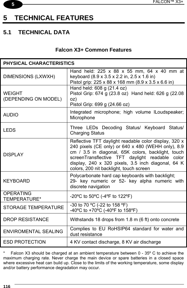 1 FALCON™ X3+    116 5 5 TECHNICAL FEATURES  5.1 TECHNICAL DATA   Falcon X3+ Common Features  PHYSICAL CHARACTERISTICS DIMENSIONS (LXWXH) Hand held: 225 x 88 x 55 mm, 64 x 40 mm at keyboard (8.9 x 3.5 x 2.2 in, 2.5 x 1.6 in) Pistol grip: 225 x 88 x 168 mm (8.9 x 3.5 x 6.6 in) WEIGHT (DEPENDING ON MODEL) Hand held: 608 g (21.4 oz) Pistol Grip: 674 g (23.8 oz)  Hand held: 626 g (22.08 oz) Pistol Grip: 699 g (24.66 oz) AUDIO  Integrated microphone; high volume lLoudspeaker; Microphone LEDS  Three LEDs Decoding Status/ Keyboard Status/ Charging Status DISPLAY Reflective TFT daylight readable color display, 320 x 240 pixels (CE only) or 640 x 480 (WEHH only), 8.9 cm / 3.5 in diagonal, 65K colors, backlight, touch screenTransflective TFT daylight readable color display, 240 x 320 pixels, 3.5 inch diagonal, 64 K colors, 200 nit backlight, touch screen KEYBOARD Polycarbonate hard cap keyboards with backlight; 29- key numeric or 52- key alpha numeric with discrete navigation OPERATING TEMPERATURE*  -20ºC to 50ºC (-4ºF to 122ºF) STORAGE TEMPERATURE  -30 to 70 ºC (-22 to 158 ºF) -40ºC to +70ºC (-40ºF to 158ºF) DROP RESISTANCE  Withstands 18 drops from 1.8 m (6 ft) onto concrete ENVIROMENTAL SEALING  Complies to EU RoHSIP64 standard for water and dust resistance ESD PROTECTION  4 KV contact discharge, 8 KV air discharge *  Falcon X3 should be charged at an ambient temperature between 0 - 35º C to achieve the maximum charging rate. Never charge the main device or spare batteries in a closed space where excessive heat can build up. Close to the limits of the working temperature, some display and/or battery performance degradation may occur. 