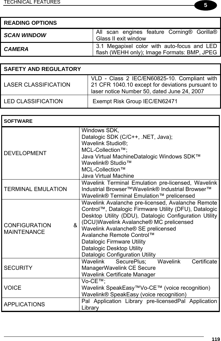 TECHNICAL FEATURES     119 5 READING OPTIONS SCAN WINDOW All scan engines feature Corning® Gorilla® Glass II exit window CAMERA 3.1 Megapixel color with auto-focus and LED flash (WEHH only); Image Formats: BMP, JPEG  SAFETY AND REGULATORY LASER CLASSIFICATION VLD - Class 2 IEC/EN60825-10. Compliant with 21 CFR 1040.10 except for deviations pursuant to laser notice Number 50, dated June 24, 2007 LED CLASSIFICATION   Exempt Risk Group IEC/EN62471  SOFTWARE DEVELOPMENT Windows SDK,  Datalogic SDK (C/C++, .NET, Java);  Wavelink Studio®;  MCL-Collection™;  Java Virtual MachineDatalogic Windows SDK™ Wavelink® Studio™  MCL-Collection™      Java Virtual Machine TERMINAL EMULATION Wavelink Terminal Emulation pre-licensed, Wavelink Industrial Browser™Wavelink® Industrial Browser™ Wavelink® Terminal Emulation™ prelicensed CONFIGURATION &amp; MAINTENANCE Wavelink Avalanche pre-licensed, Avalanche Remote Control™, Datalogic Firmware Utility (DFU), Datalogic Desktop Utility (DDU), Datalogic Configuration Utility (DCU)Wavelink Avalanche® MC prelicensed Wavelink Avalanche® SE prelicensed Avalanche Remote Control™ Datalogic Firmware Utility Datalogic Desktop Utility Datalogic Configuration Utility SECURITY Wavelink SecurePlus; Wavelink Certificate ManagerWavelink CE Secure  Wavelink Certificate Manager VOICE Vo-CE™;  Wavelink SpeakEasy™Vo-CE™ (voice recognition) Wavelink® SpeakEasy (voice recognition) APPLICATIONS  Pal Application Library pre-licensedPal Application Library  