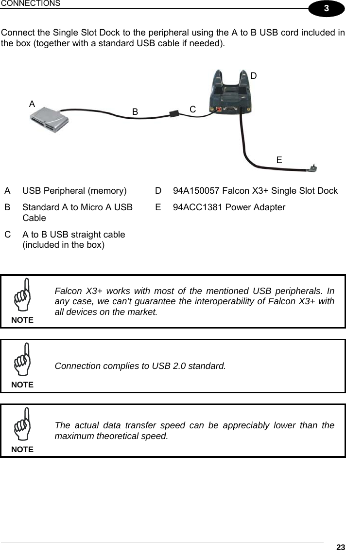 CONNECTIONS     23 3 Connect the Single Slot Dock to the peripheral using the A to B USB cord included in the box (together with a standard USB cable if needed).     A  USB Peripheral (memory)  D  94A150057 Falcon X3+ Single Slot Dock B  Standard A to Micro A USB Cable E  94ACC1381 Power Adapter C  A to B USB straight cable (included in the box)     Falcon X3+ works with most of the mentioned USB peripherals. In any case, we can’t guarantee the interoperability of Falcon X3+ with all devices on the market. NOTE   Connection complies to USB 2.0 standard. NOTE   The actual data transfer speed can be appreciably lower than the maximum theoretical speed. NOTE   BDCA E