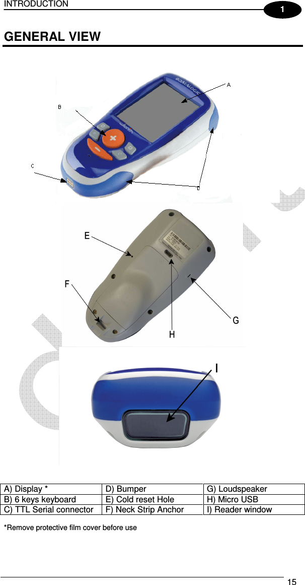 INTRODUCTION   15  1 GENERAL VIEW        A) Display *  D) Bumper  G) Loudspeaker B) 6 keys keyboard  E) Cold reset Hole  H) Micro USB C) TTL Serial connector  F) Neck Strip Anchor  I) Reader window  *Remove protective film cover before use 
