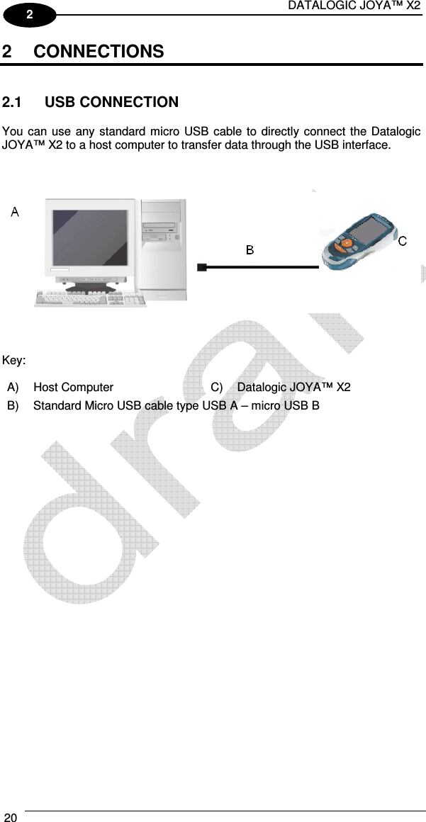 DATALOGIC JOYA™ X2 20    2 2  CONNECTIONS   2.1  USB CONNECTION  You can  use any standard micro USB cable to directly connect the Datalogic JOYA™ X2 to a host computer to transfer data through the USB interface.        Key: A)  Host Computer  C)  Datalogic JOYA™ X2 B)  Standard Micro USB cable type USB A – micro USB B  