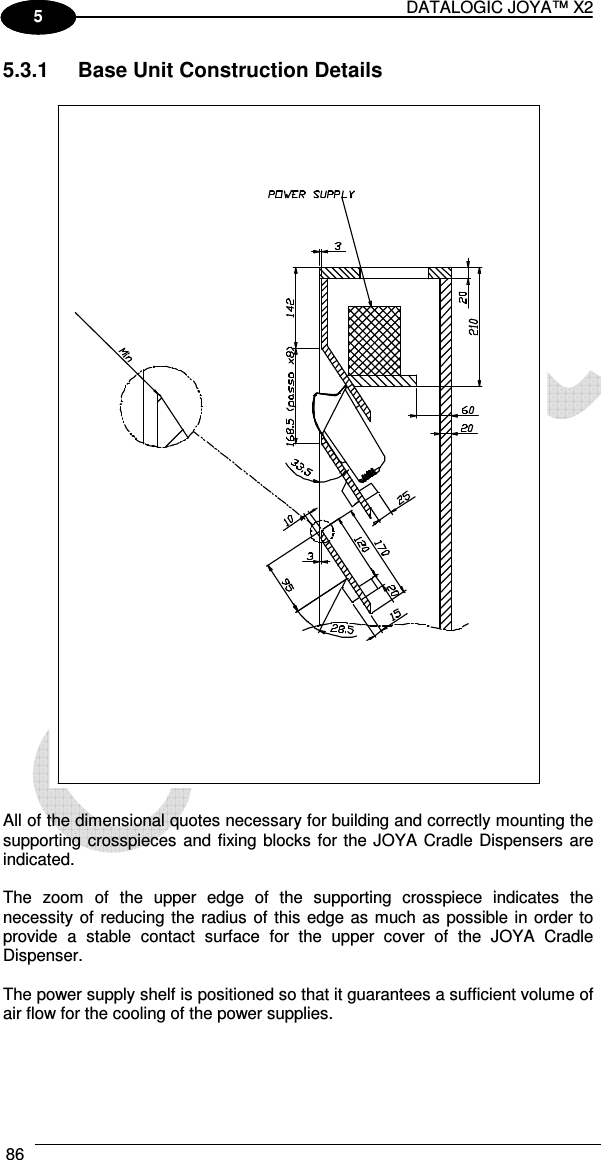 DATALOGIC JOYA™ X2 86    1 5 5.3.1  Base Unit Construction Details    All of the dimensional quotes necessary for building and correctly mounting the supporting crosspieces and fixing blocks for the JOYA Cradle Dispensers are indicated.  The  zoom  of  the  upper  edge  of  the  supporting  crosspiece  indicates  the necessity of reducing the radius  of this edge as much as possible in order to provide  a  stable  contact  surface  for  the  upper  cover  of  the  JOYA  Cradle Dispenser.  The power supply shelf is positioned so that it guarantees a sufficient volume of air flow for the cooling of the power supplies.  