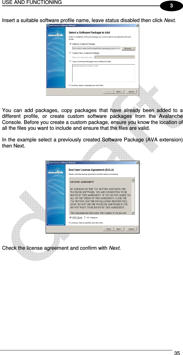 USE AND FUNCTIONING  35  3 Insert a suitable software profile name, leave status disabled then click Next.    You  can  add  packages,  copy  packages  that  have  already  been  added  to  a different  profile,  or  create  custom  software  packages  from  the  Avalanche Console. Before you create a custom package, ensure you know the location of all the files you want to include and ensure that the files are valid.  In the example select a previously created Software Package (AVA extension) then Next.      Check the license agreement and confirm with Next.   